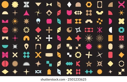 A set of graphic elements. Abstract geometric figures. Decorative minimalistic brutalist forms.