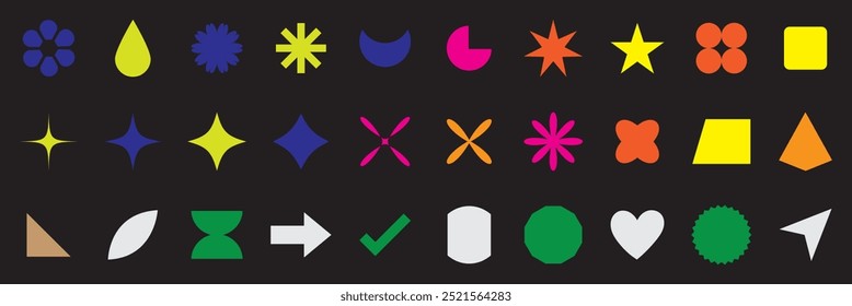 A set of graphic elements. Abstract geometric figures. Decorative minimalistic brutalist forms.