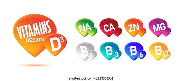 Set of graphic elements with all range of vitamins and minerals in 3d colorful drops, healthcare supplements labels, isolated