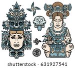 Set of graphic elements based on motives of art Native American Indian.  Woman, mother, goddess, queen, esoteric symbol. Color drawing isolated on a white background. Vector illustration.