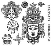 Set of graphic elements based on motives of art Native American Indian. Animation stylized images of ancient gods, idols, deity. Linear drawing isolated on a white background. Vector illustration.