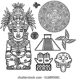 Set of graphic elements based on motives of art Native American Indian. Monochrome linear drawing isolated on a white background. Vector illustration.