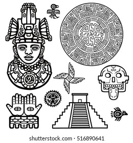 Set of graphic elements based on motives of art Native American Indian. Monochrome linear drawing isolated on a white background. Vector illustration.