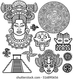 Set of graphic elements based on motives of art Native American Indian. Monochrome linear drawing isolated on a white background. Vector illustration.