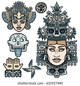 Set of graphic elements based on motives of art Native American Indian. Animation stylized images of ancient gods, idols, deity. Color drawing isolated on a white background. Vector illustration.