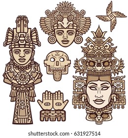 Set of graphic elements based on motives of art Native American Indian.  Animation stylized images of ancient gods, idols, leaders. Color drawing isolated on a white background. Vector illustration.