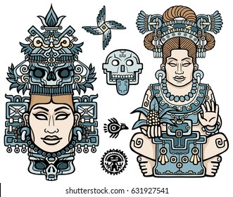 Set of graphic elements based on motives of art Native American Indian.  Woman, mother, goddess, queen, esoteric symbol. Color drawing isolated on a white background. Vector illustration.