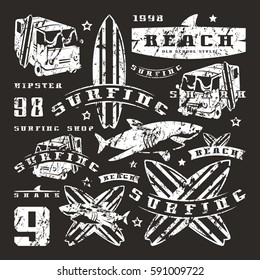 Set of graphic elements. Bus, surfing, shark. Graphic design for t-shirt