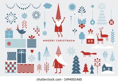 Set of graphic elements for Christmas cards. Gnome, deer, Christmas Trees, snowflakes, stylized gift boxes. 