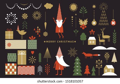 Set of graphic elements for Christmas cards. Gnome, deer, Christmas Trees, snowflakes, stylized gift boxes. 