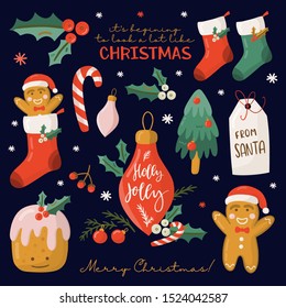 Set of graphic elements for Christmas cards. Gingerbread man, toys, Christmas Trees, snowflakes, florals.