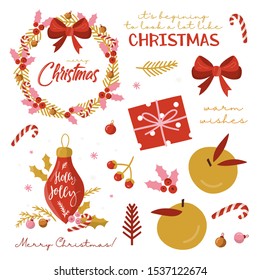 Set of graphic elements for Christmas cards. Gingerbread man, toys, Christmas Trees, snowflakes, florals.
