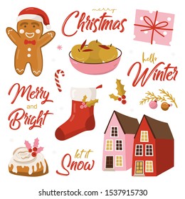 Set of graphic elements for Christmas cards. Gingerbread man, toys, Christmas Trees, snowflakes, florals.
