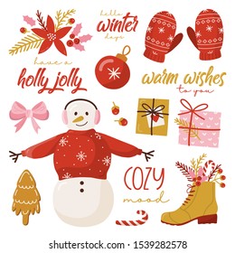 Set of graphic elements for Christmas cards. Gingerbread man, toys, Christmas Trees, snowflakes, florals.
