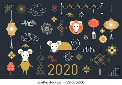 Set of graphic elements for Christmas cards. Year of the Rat. Happy Chinese new year.