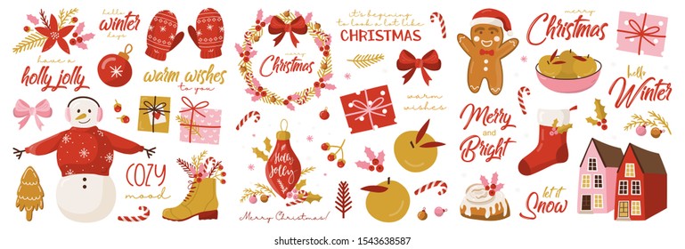 Set of graphic elements for Christmas cards with hand lettering. Gingerbread man, Snowman, stockings, floral, toys, Christmas Trees, snowflakes.