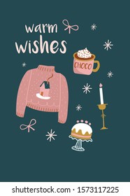 Set of graphic elements for Christmas cards with hand lettering. Sweater, hot chocolate, candle and cake with snowflakes - Vector