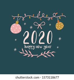 Set of graphic elements for Christmas cards with hand lettering 2020. Christmas ornaments, light bulb and ribbon. - Vector