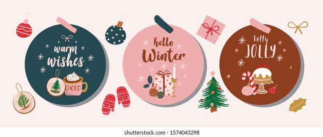 Set of graphic elements for Christmas cards or labels with hand lettering. Christmas ornaments, hot chocolate, present, candle, cake, ribbon, gloves with snowflakes - Vector