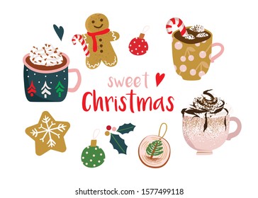 Set of graphic elements for Christmas cards with hand lettering. Hot chocolate, Christmas ornaments, gingerman, candy, snowflakes. - Vector