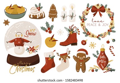 Set of graphic elements for Christmas cards with hand lettering. Gingerbread man, Snowman, stockings, floral, toys, Christmas Trees, snowflakes.