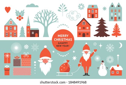  Set of graphic elements for Christmas cards. Santa, Christmas Trees, snowflakes, stylized gift boxes, winter houses, design elements