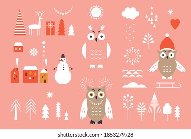  Set of graphic elements for Christmas cards. Owl, Christmas Trees, snowflakes, stylized winter houses, design elements