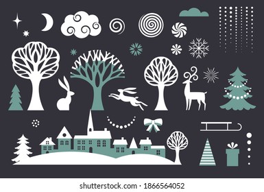  Set of graphic elements for Christmas cards and decor.  Christmas Trees, snowflakes, stylized winter houses silhouette, design elements