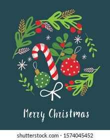 Set of graphic elements for Christmas celebrating cards with hand lettering. Merry Christmas. Christmas ornaments, leaves, ribbon, candy and snowflakes - Vector