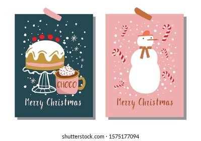 Set of graphic elements for Christmas celebration cards with hand lettering. Hot chocolate, snowman, candy and cake with snowflakes - Vector