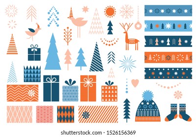 Set of graphic elements . Christmas Trees, snowflakes, stylized gift boxes, ornaments, seamless ornament of ribbons