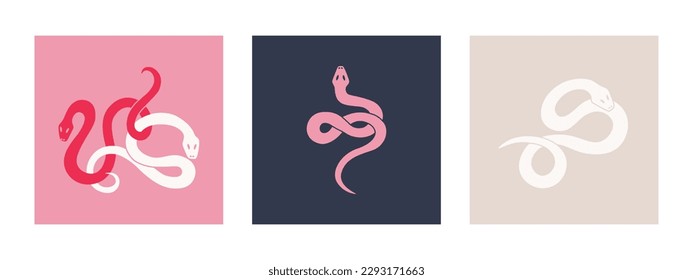 Set of graphic elements of cute twisted colorful snakes. Multi-colored serpents on contrasting backgrounds. Vector isolated illustration for design.