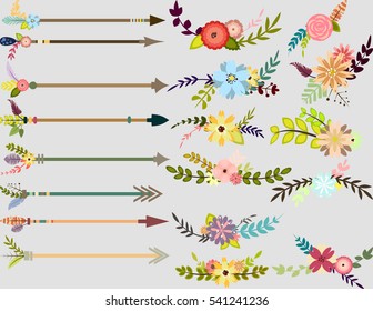Set of graphic elements for design, decorative arrows and bouquets for wedding,scrapbook,templates for card,invitation,tags,notebook cover, diary,