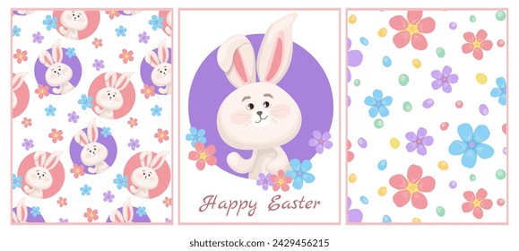 Set of graphic elements for the design of holiday cards and Easter decoration. Vector seamless pattern and white bunny with Happy Easter inscription. for design, decoration, holiday, packaging