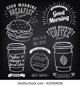 Set of graphic elements for design of theme of Breakfast Good morning. Cups of coffee. Stylized of chalk sketch