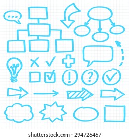 Set of graphic elements, hand drawn with blue highlighter marker on squared notebook paper. Arrows, flowcharts and other symbols to mix and match in different ways.