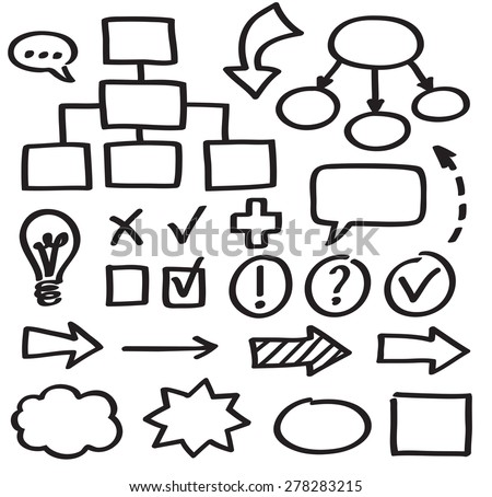 Set of graphic elements, hand drawn with marker on whiteboard. Arrows, flowcharts and other symbols to mix and match in different ways.