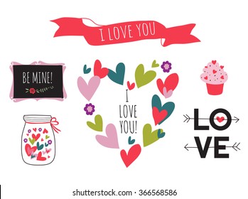 Set of graphic elements to the holiday Valentine's Day on a white background. Love lettering collection of Valentine's Day.