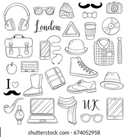 Set of graphic elements icons. Hipster accessories. Doodle cartoon comic background, wallpaper, template, backdrop, Vector illustration. Freehand sketch for adult anti stress coloring book page