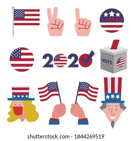 Set of graphic elements and illustration for the 2020 American presidential election. Consist of hand holding American flag, hand showing number 1 and 2, people usinv mask, ballot box, etc.
