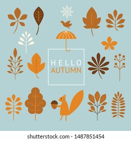 Set of graphic elements on Autumn theme, collection stylized leaves, trees, bird, squirrel