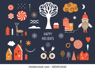  Set of graphic elements on the black background for Christmas cards. Owl, Christmas Trees, snowflakes, stylized winter houses, design elements