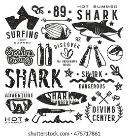 Set of graphic elements. Scuba diving, surfing, shark. Black print on white background