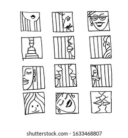 Set of graphic elements stylized faces in squares. Doodle illustration. Vector