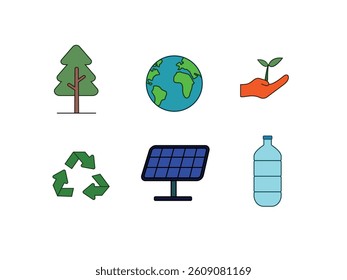 Set of graphic elements themed around environment, including tree, Earth, reforestation, recycling, solar panel, and plastic bottle