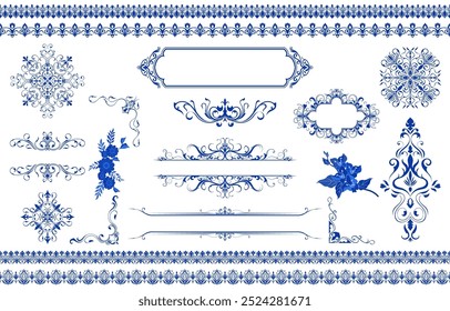 Conjunto de Elementos gráficos: marco vintage, borde de tela azul, flores vintage, combinado con esquinas clásicas.