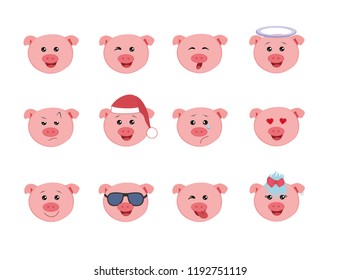 Set of Graphic emoticons set- pigs. Collection of emoji vector. Smile icons web. Vector illustration on white background.