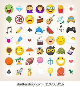 Set of graphic emoticons, signs and symbols used in social media chats. Cartoon style vector icons. Cute and funny characters and emojis. List of not so popular emoticons. Find more in my portfolio