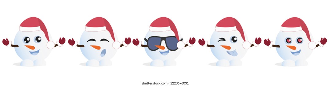 Set of Graphic Emoticons - snowmans. Collection of Emoji. Smile icons. Vector illustration on white background.