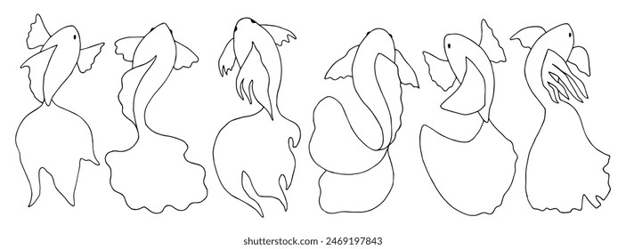 Set of graphic fish. Black and white contour drawing with various sea animals. Koi fish symbol outline. Linear sketch of children's coloring book in doodle style. Undersea world. Ocean dwellers. 